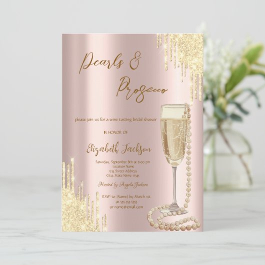 Drips Parels Prosecco Roos Goud Vrijgezellenfeest Kaart (Staand voorkant)