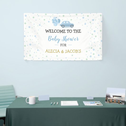 Drive Blue Car Balloons Boy Baby shower Backdrop Spandoek (Beurs)