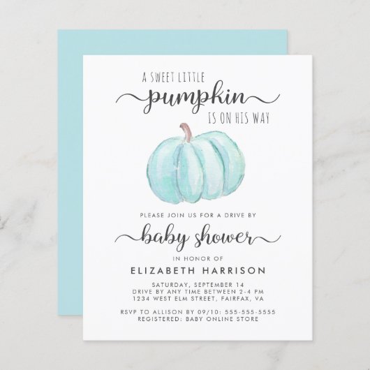 Drive by Baby Boy Shower Blue Pumpkin Invitation (Voorkant / Achterkant)