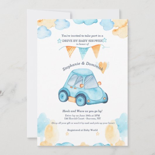 Drive by Baby Boy Shower Invitation Kaart (Voorkant)