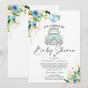 Drive by Baby shower Invitation Blue Floral Shower Kaart