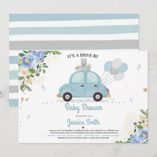 Drive by Baby shower Invitation Blue Floral Shower Kaart