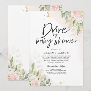 Drive by Baby shower Invitation Greenery Pink Gold Kaart