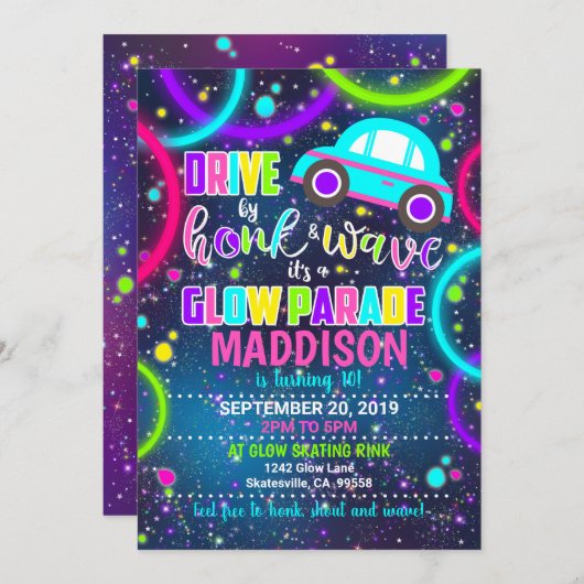 Drive by Honk and Wave Glow Party Invitation Kaart (Voorkant / Achterkant)