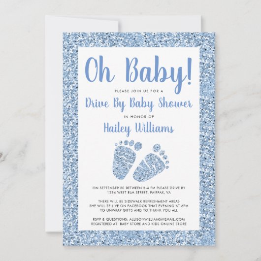 Drive by Oh Baby Blue Glitter Feet Baby shower Kaart (Voorkant)