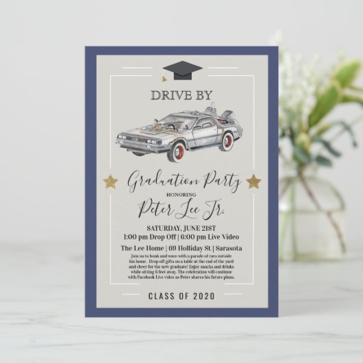 Drive by Virtual Male Graduparty Invitation Kaart (Staand voorkant)