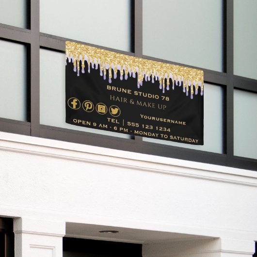 Driving Gold Paarse en sociale media-pictogrammen Spandoek (Buitenkant Gebouw)