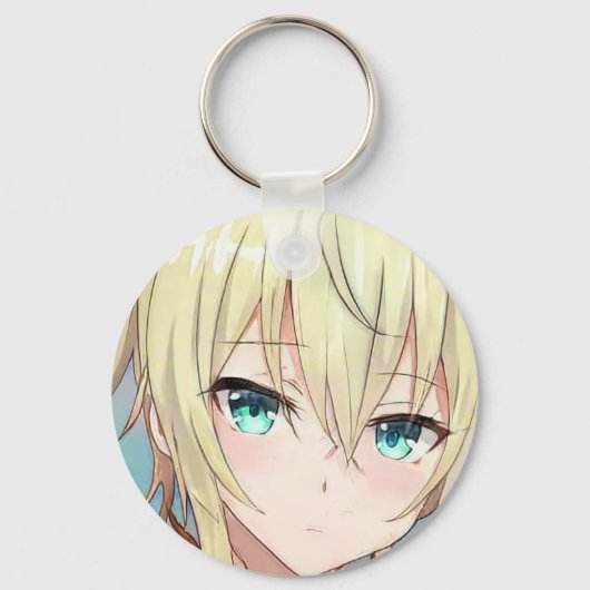 Droevig blond meisje groene ogen anime manga sleutelhanger (Voorkant)