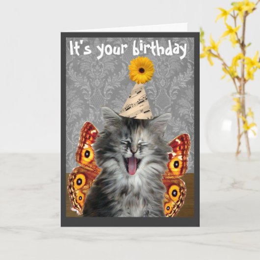 Drôle carte d'anniversaire de chat ou invitation (Fleur jaune)