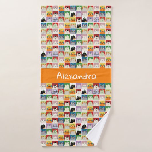 Drôle Cartoon Collage Chats Moderne Orange Monogra (Serviette de bain)