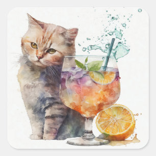 Drôle chat mignon avec un autocollant d'aquarelle 
