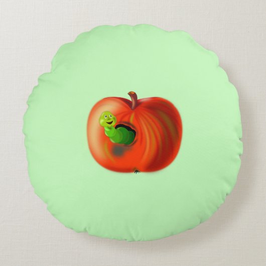 Drôle Coussin rond Happy Worm dans Apple (Devant)