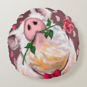 Drôle Coussin rond, porc avec Rose