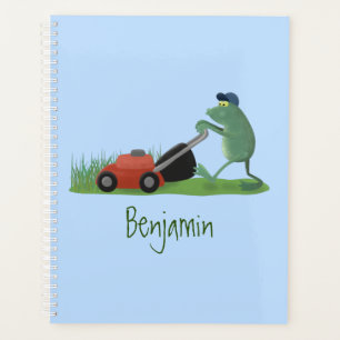 Drôle grenouille verte tondre la pelouse dessin