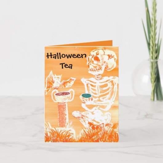 Drôle Halloween Skeleton-Bat Tea Time Plié Carte (Devant)