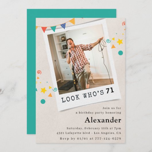 Drôle Hommes 71e anniversaire invitations Fun Phot (Devant / Derrière)