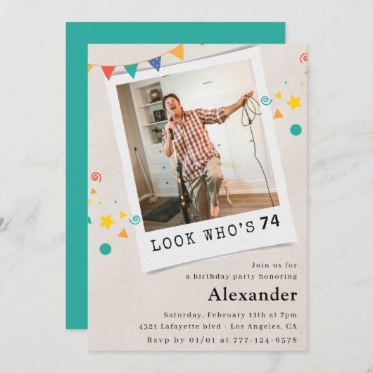 Drôle Hommes 74e anniversaire invitations Fun Phot (Devant / Derrière)