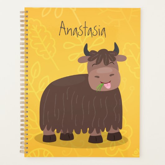 Drôle joyeux yak mangeant de l'herbe dessin d'illu (Devant)