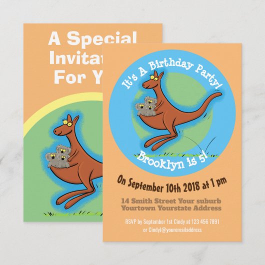 Drôle kangourou et koalas dessin animé invitation (Devant / Derrière)