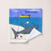 Drôle requin couché et dessin animé de pêche (Gant de toilette)