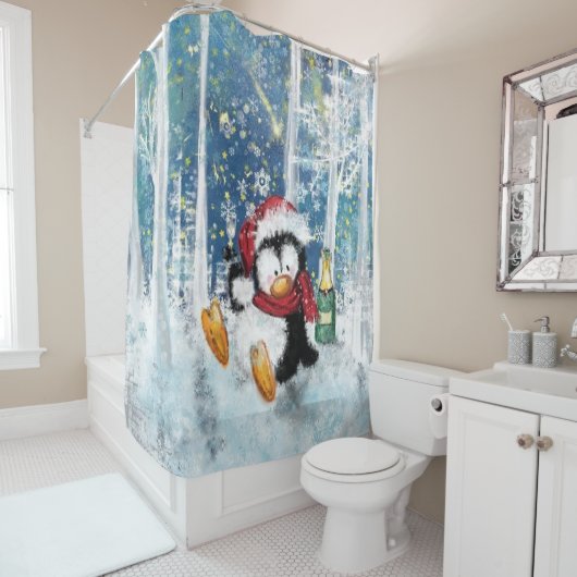 Drôle rideau de douche de Noël Happy Penguin (En situation)