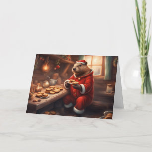 Drollende bever eet kerstkoekjes in blokhut feestdagen kaart