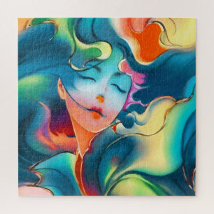 Dromende serene vrouw in blauwe kleuren legpuzzel