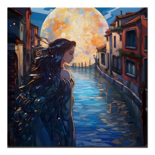 Dromerig kanaal bij maanlicht – Glanzende kunstpos Perfect Poster