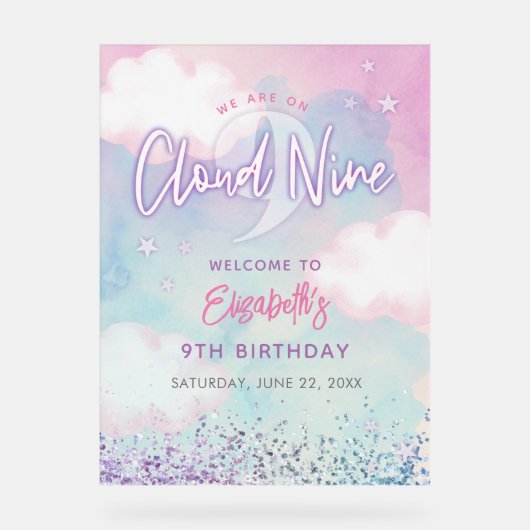 Dromerig Meisje Op Wolk Nine 9e Verjaardag Welkom Acryl Bord (Voorkant)