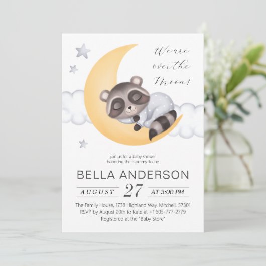 Dromerig Over The Moon Raccoon Boy Baby shower Kaart (Staand voorkant)