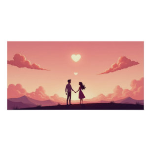 Dromerig Silhouet van Stel bij Zonsondergang Perfect Poster