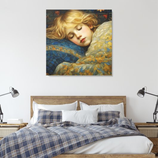 Dromerig slapend kind in bloemenquilt canvas afdruk (Insitu (Slaapkamer))