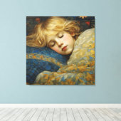 Dromerig slapend kind in bloemenquilt canvas afdruk (Insitu (Houten vloer))