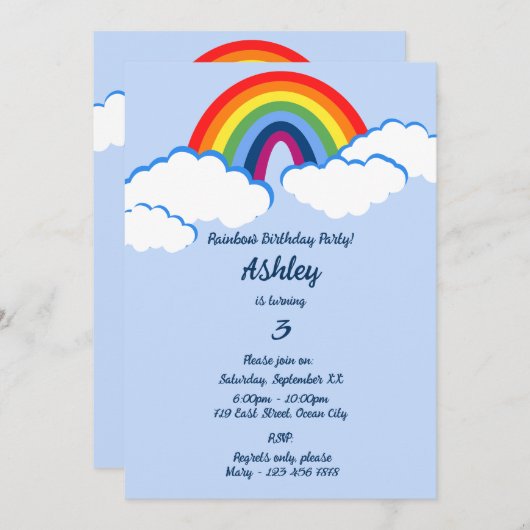 Dromerige 3e verjaardag Regenboog Feest Uitnodigin Kaart (Voorkant / Achterkant)