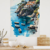 Dromerige Amalfikust: Waterverf Schilderontwerp Poster (Keuken)