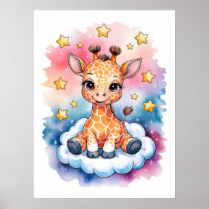 Dromerige Baby Giraffe op een Wolk - Waterverf Poster