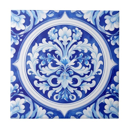 Dromerige Blauwe Waterverf Acanthus Leaf Design Tegeltje (Voorkant)