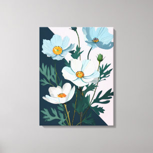 Dromerige Bloemendans: Witte en Blauwe Bloemen Canvas Afdruk