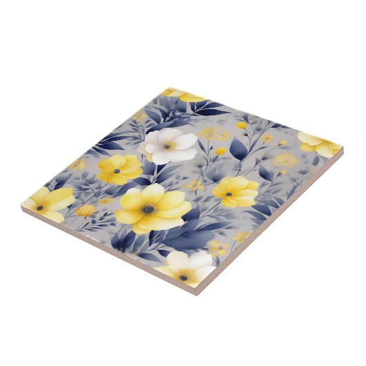 Dromerige Gele en Grijze Waterverf Bloemen Tegeltje (Zijkant)