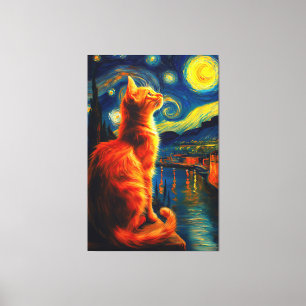 Dromerige Kattenkop Sterrennacht Canvas Afdruk