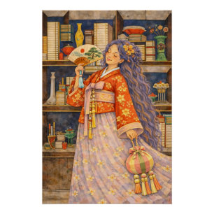 Dromerige Koreaanse Hanbok-meisje met waaier en No Perfect Poster
