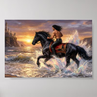 Dromerige man te paard op het strand bij zonsonder