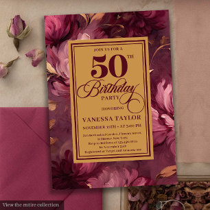 Dromerige marsala blush gouden bloemen 50e verjaar kaart