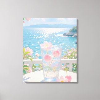 Dromerige oceaanuitzicht met roze bloemen Zomer ku Canvas Afdruk