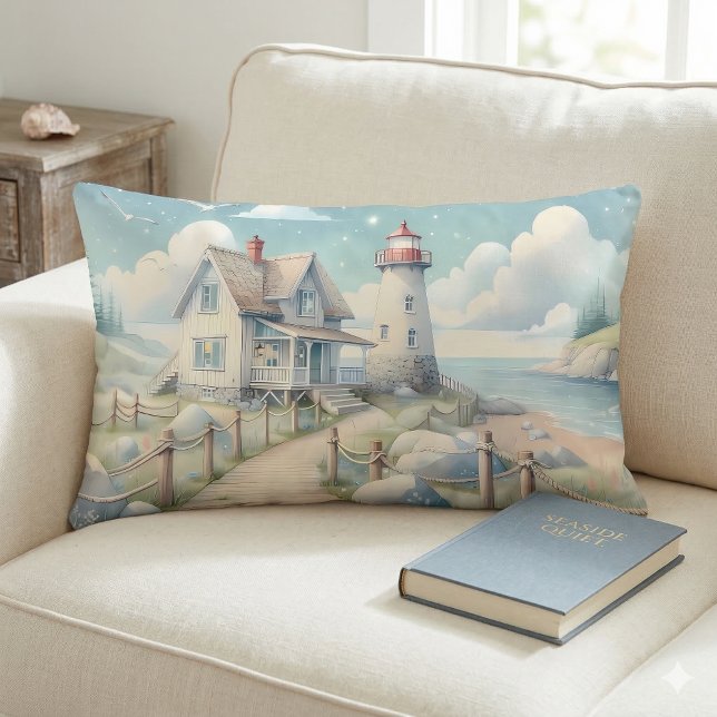 Dromerige Pastel vuurtoren bij het Zee Kussen (Dreamy Pastel Lighthouse by the Sea Lumbar Pillow On Sofa)
