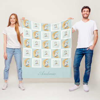 Dromerige Pinguïn Maan Baby Blauw Groen Fleece Deken