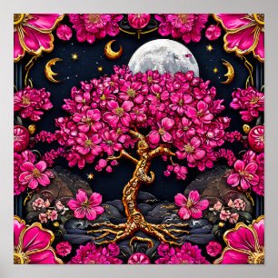 Dromerige Roze Boom en Maan Fantasievolle Fantasie Poster