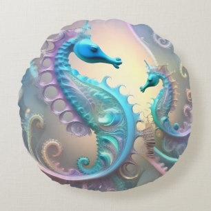 Dromerige Seahorses Pastel Fractal Art, Rond Kussen