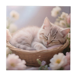 Dromerige slapende kitten bloemenmand tegeltje