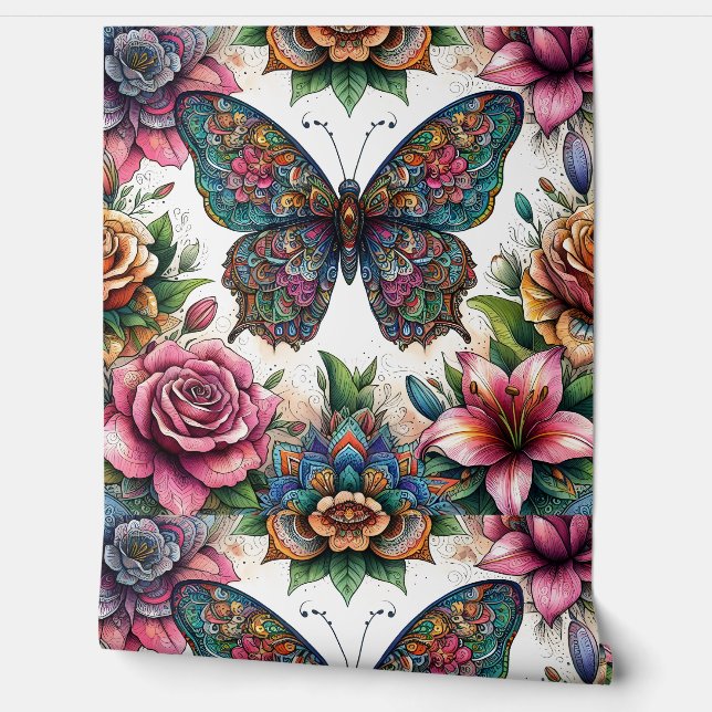 Dromerige vlinder & bloemige elegantie behang (Afrollen)